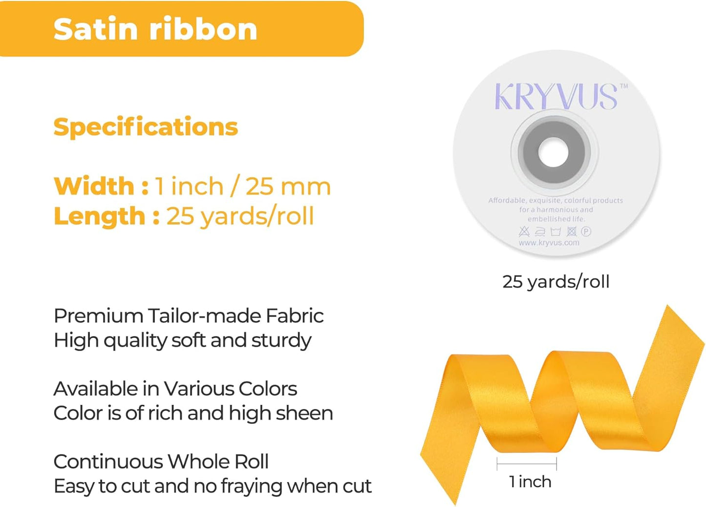 Yellow Satin Ribbon 1 inch X Continuous 25 Yards, Single Face Polyester Ribbon Perfect for Gift Wrapping, Flower Bouquet, Wedding Decor, Crafts, Bow Making, Sewing and More