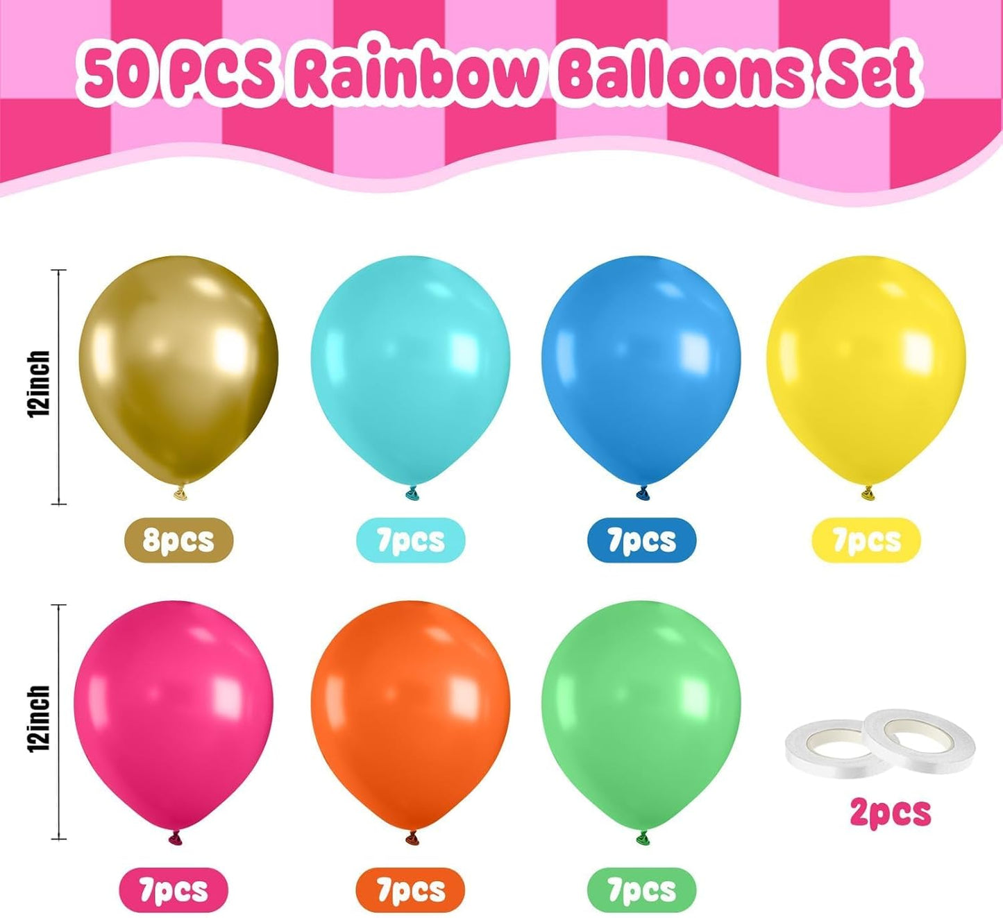 Paready Colorful Balloons Set, 50 Pcs Rainbow Metallic Gold Balloon, 12 Inch Teal Blue and Orange Hot Pink Yellow Balloons for Rainbow Easter Birthday Party Decorations