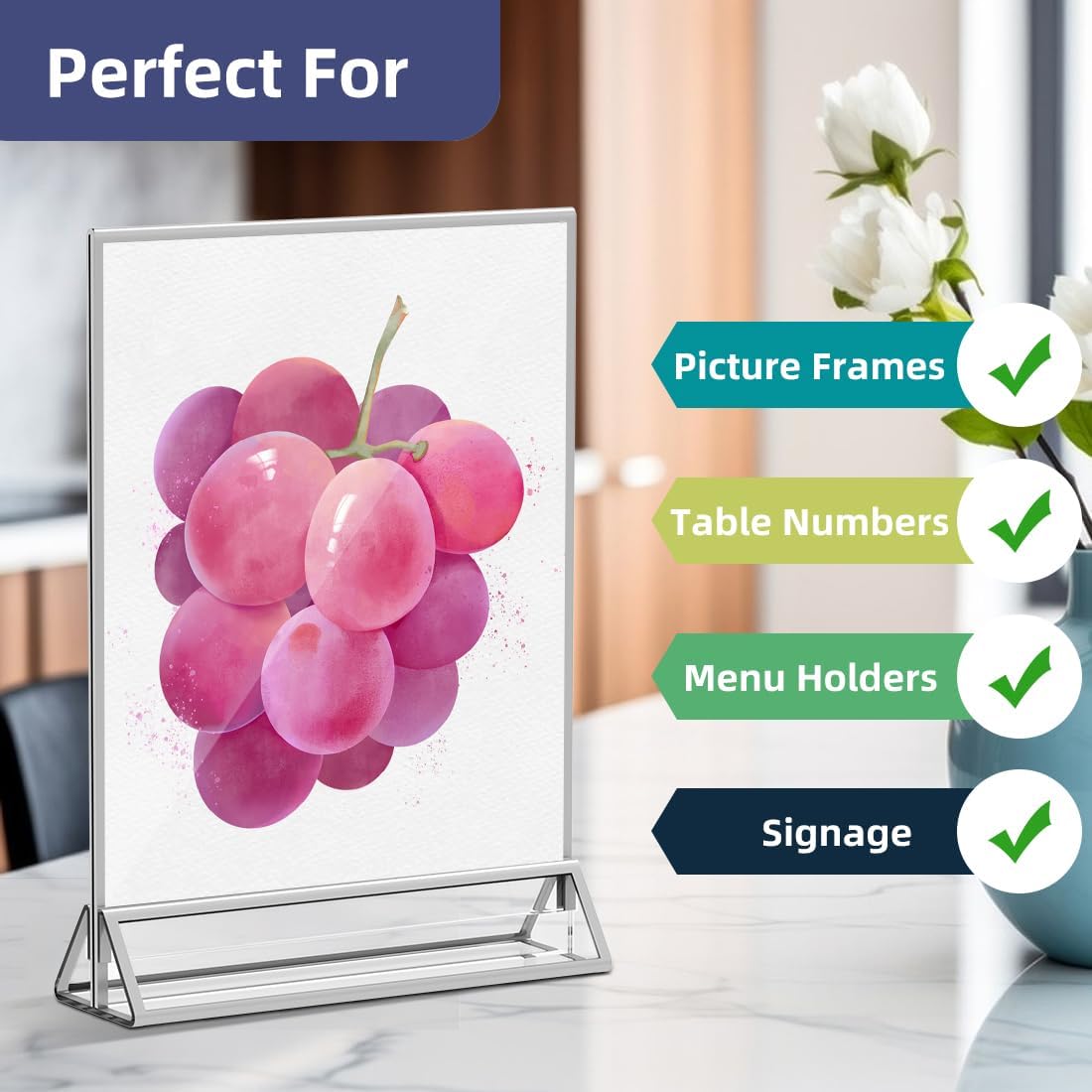 Clear Acrylic Sign Holder 8.5X11 with Silver Borders Display Stand, Double Sided Acrylic Picture Frames Plastic Sign Holder for Wedding Table Numbers Menu Holder (6 Pack)