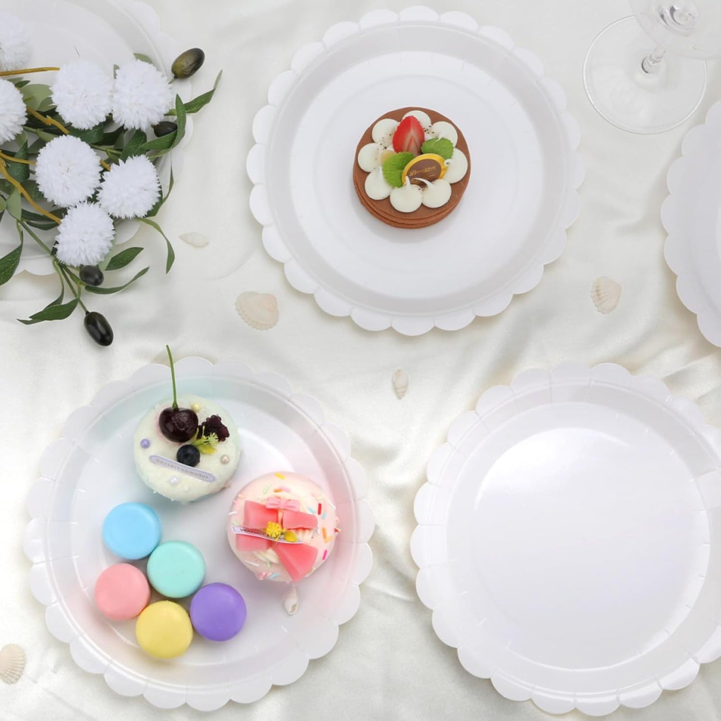 48 Pcs White Paper Plates 9 Inch Scalloped Dessert Plates - Disposable Sage Green Cake Plate - Baby Shower Birthday Party Wedding Bridal Party Supplies