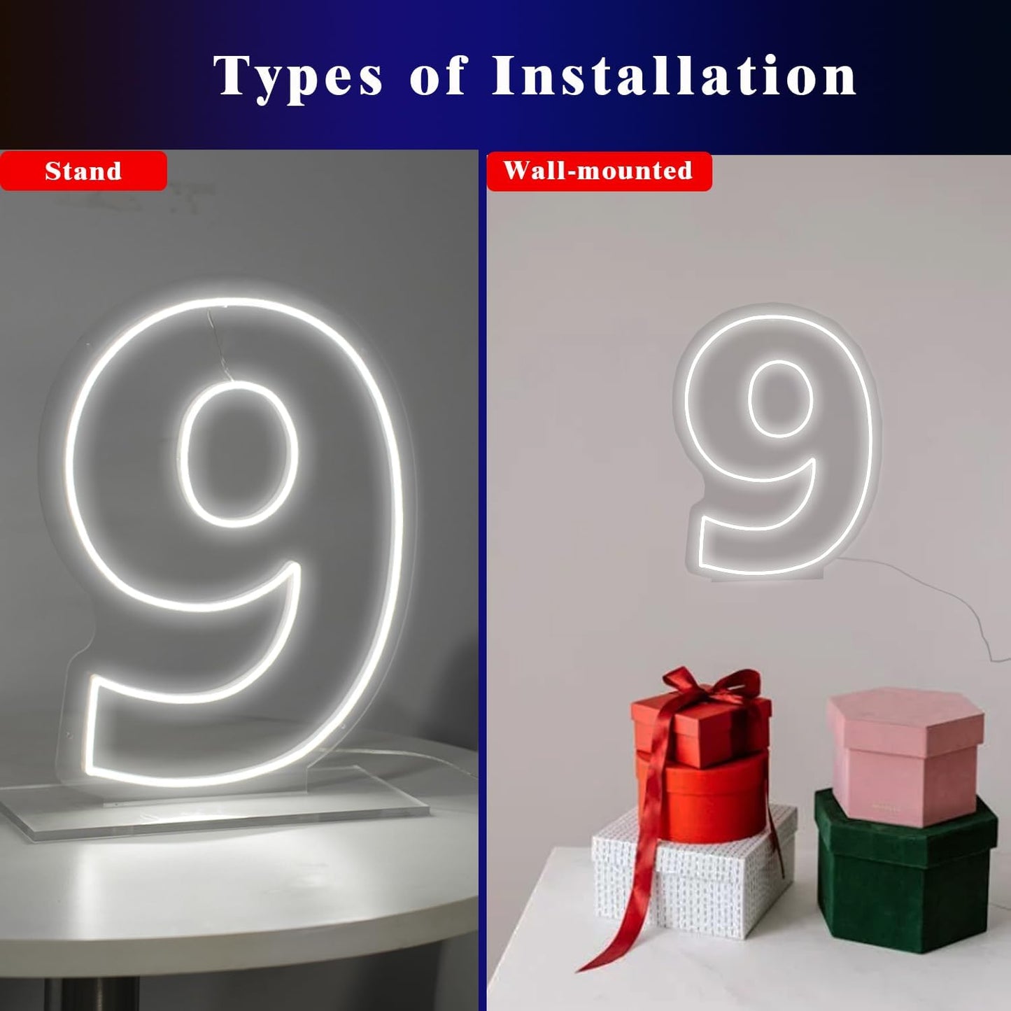Number 9 Neon Sign for First Birthday, 16.54" Cool White USB Battery Powered Led Neon Sign for Party Wedding Anniversary Decor Light Sign (Number 9)