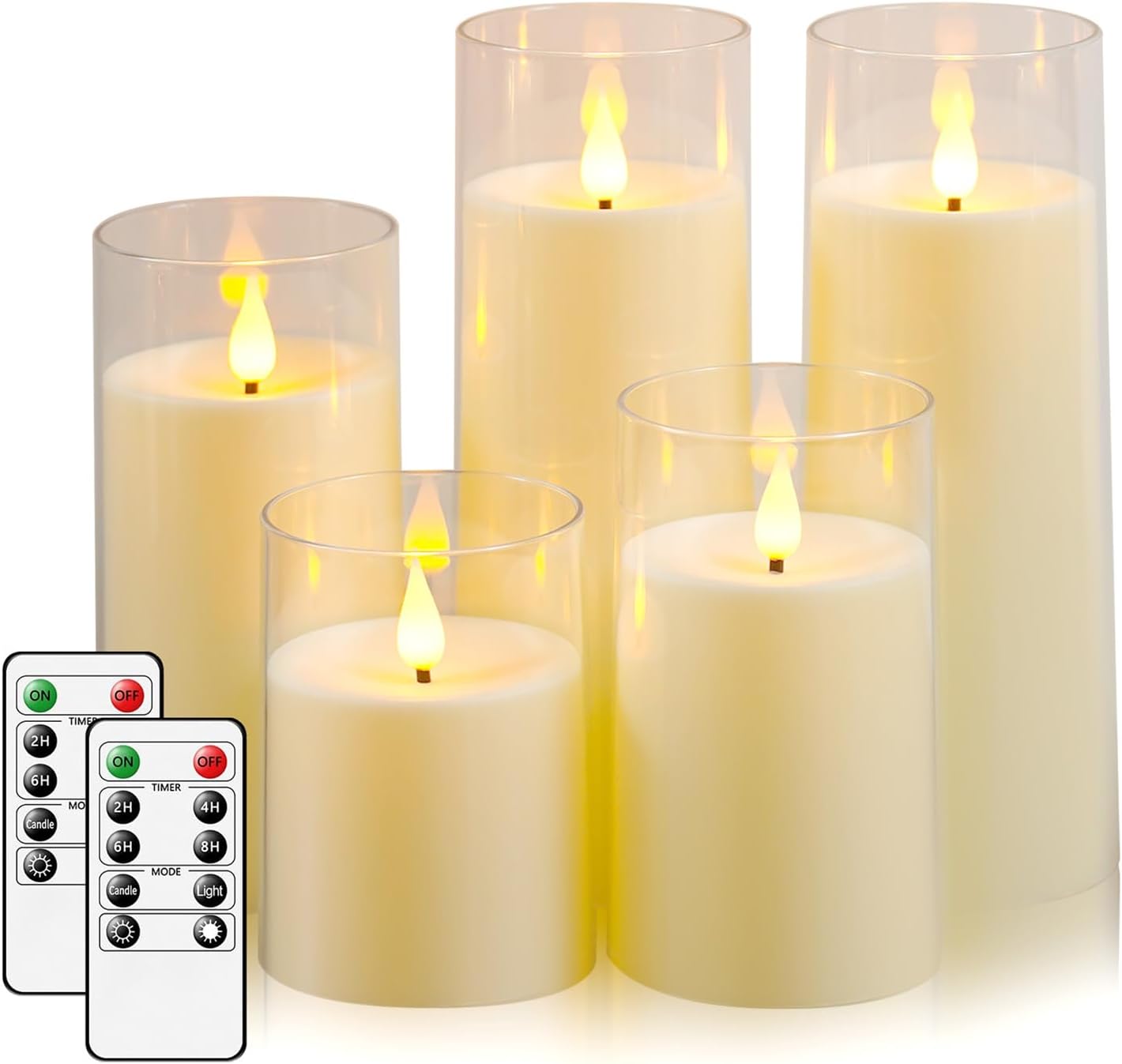Fo32won Ivory White LED Flameless Pillar Candles Battery Operated with Remote and Timer, Pack of 5 (D 3"×H 4" 5" 6" 8" 8") Decorative Plexiglass Flickering Candles with 3D Flame