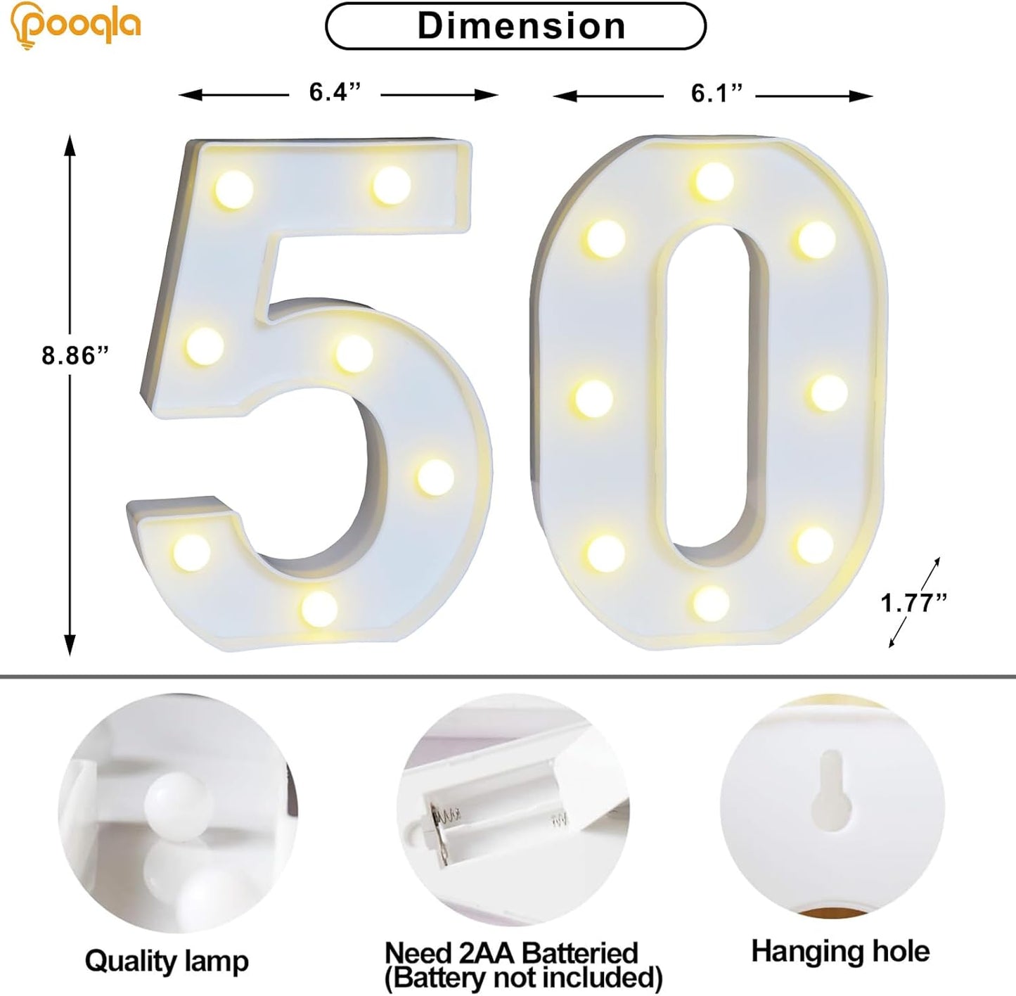 Pooqla 50th Birthday Decoration for Woman Man, Decorative LED Light Up Numbers, Marquee Numbers 50 Sign for Party Backdrop 50th Wedding Anniversary Decor, Warm White and Cool White Number 50