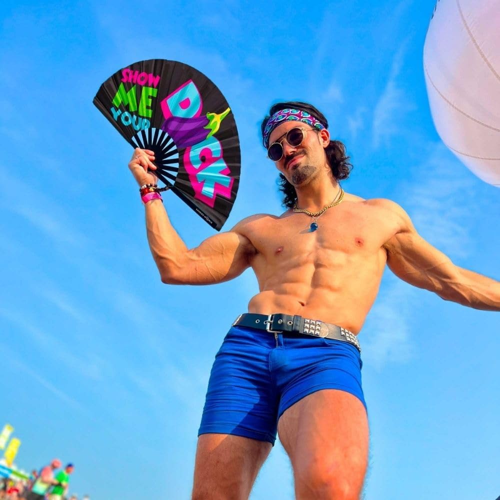 Kandies World UV Reactive Custom Festival Folding Hand Fan - Unique Designs, Made of Bamboo, Clacking Sound, Lightweight - Perfect Rave and Festival Accessory!