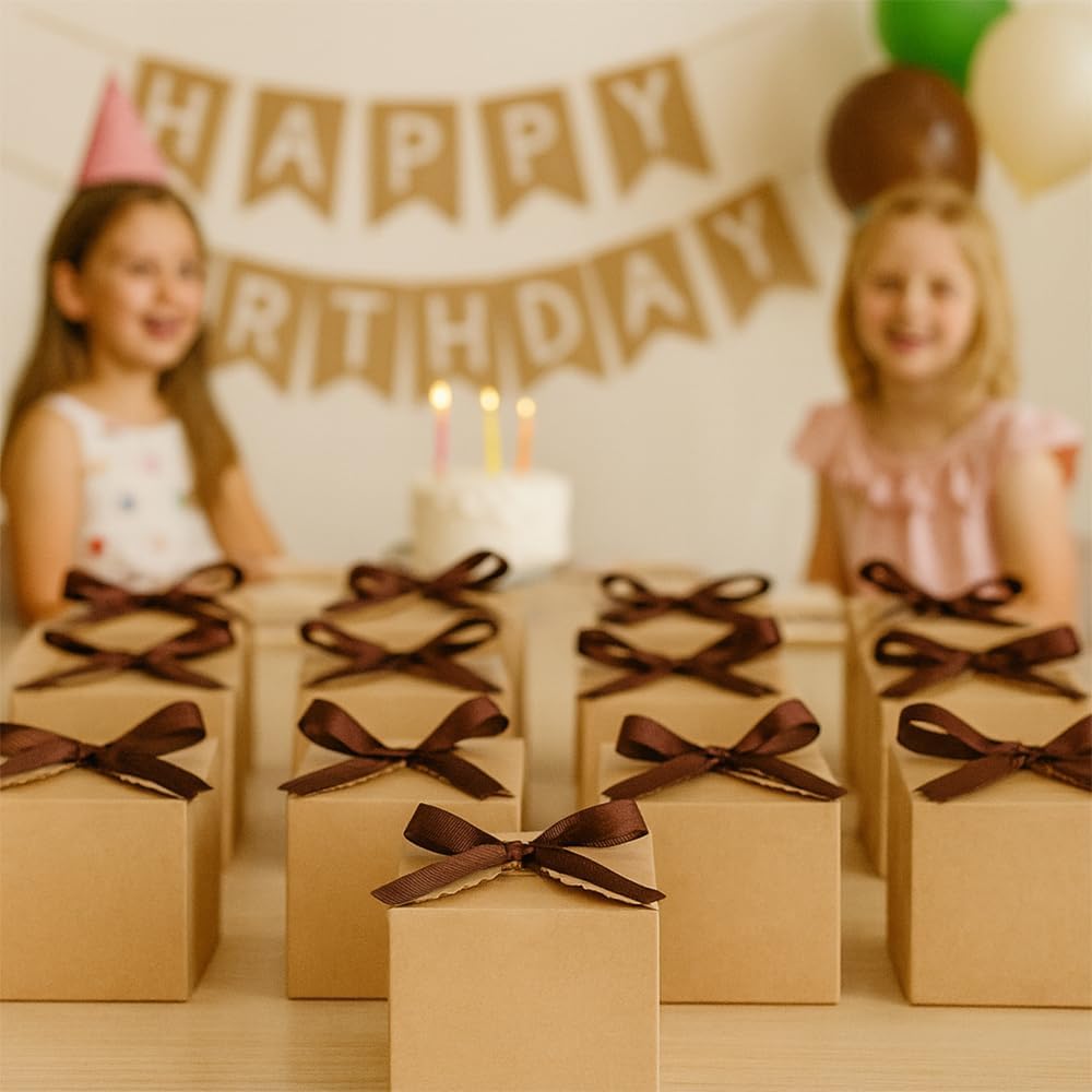 Brown Gift Boxes with Ribbon – 4x4x4" Foldable Paper Boxes with Lids, Set of 10, Eco-Friendly Small Kraft Present Boxes for Weddings, Holidays, Birthdays, Business Packaging