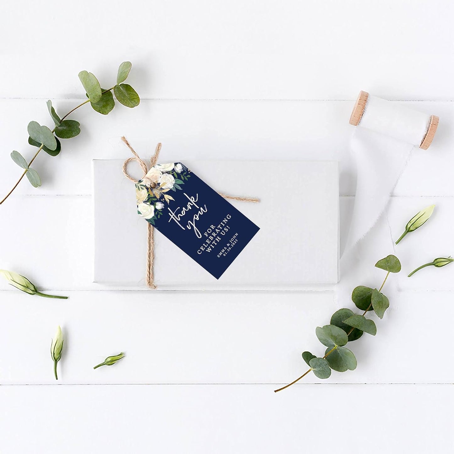 Andaz Press 100-Pack Personalized Thank You for Celebrating with Us Wedding Favor Tags with Bakers Twine Navy Blue with Florals Custom Cardstock Wedding Gift Tags for Party Favors 2 x 3.75-Inches