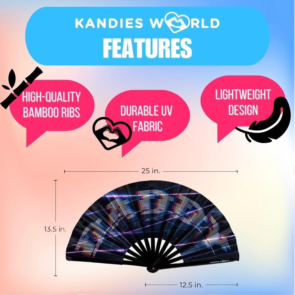 Kandies World Custom Festival Folding Hand Fan - Unique Designs, Made of Bamboo, Clacking Sound, Lightweight - Perfect Rave and Festival Accessory!