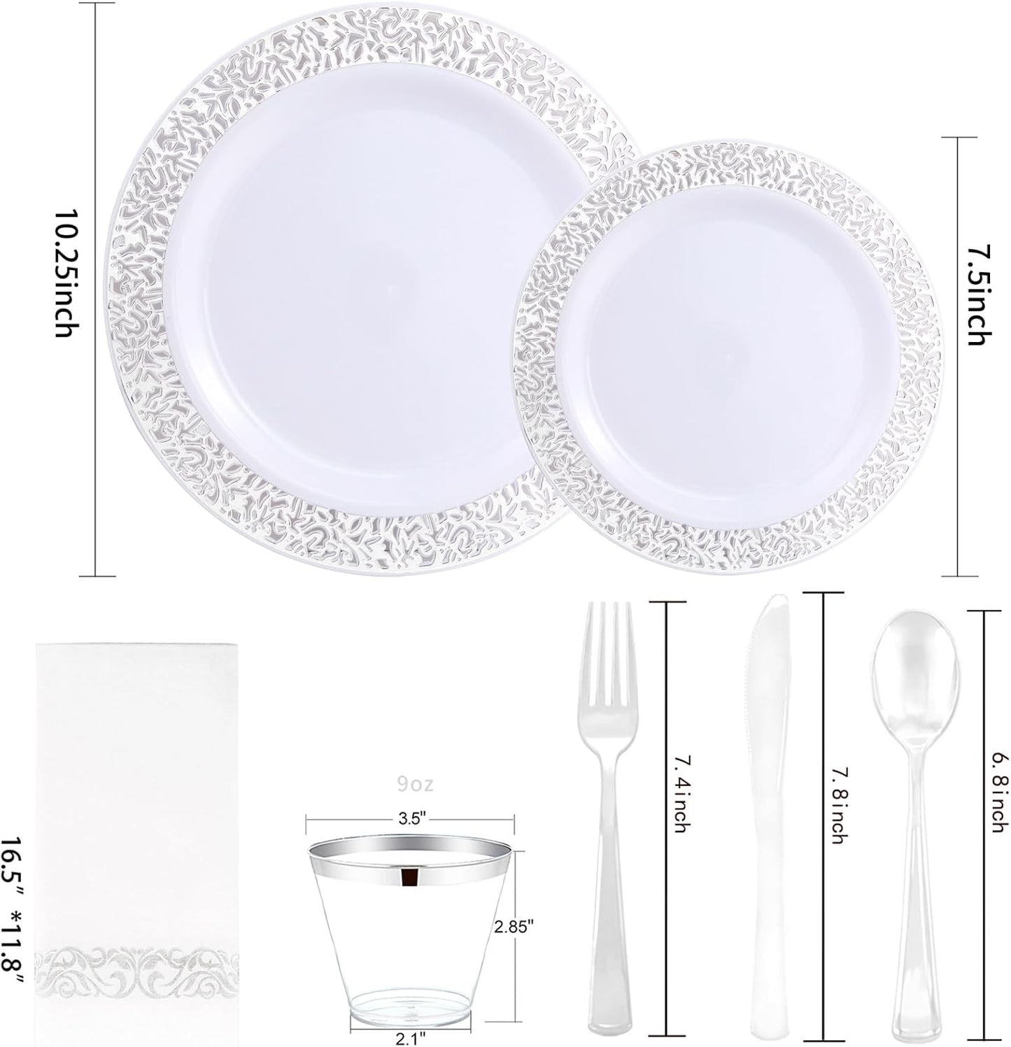 WELLIFE 350pcs Silver Party Dinnerware Set for 50 Guests, Silver Wedding Plates Disposable Heavy Duty, Including :50 Dinner Plates, 50 Dessert Plates, 50 Cups, 50 Napkins, 50 Sliver Silverware Set