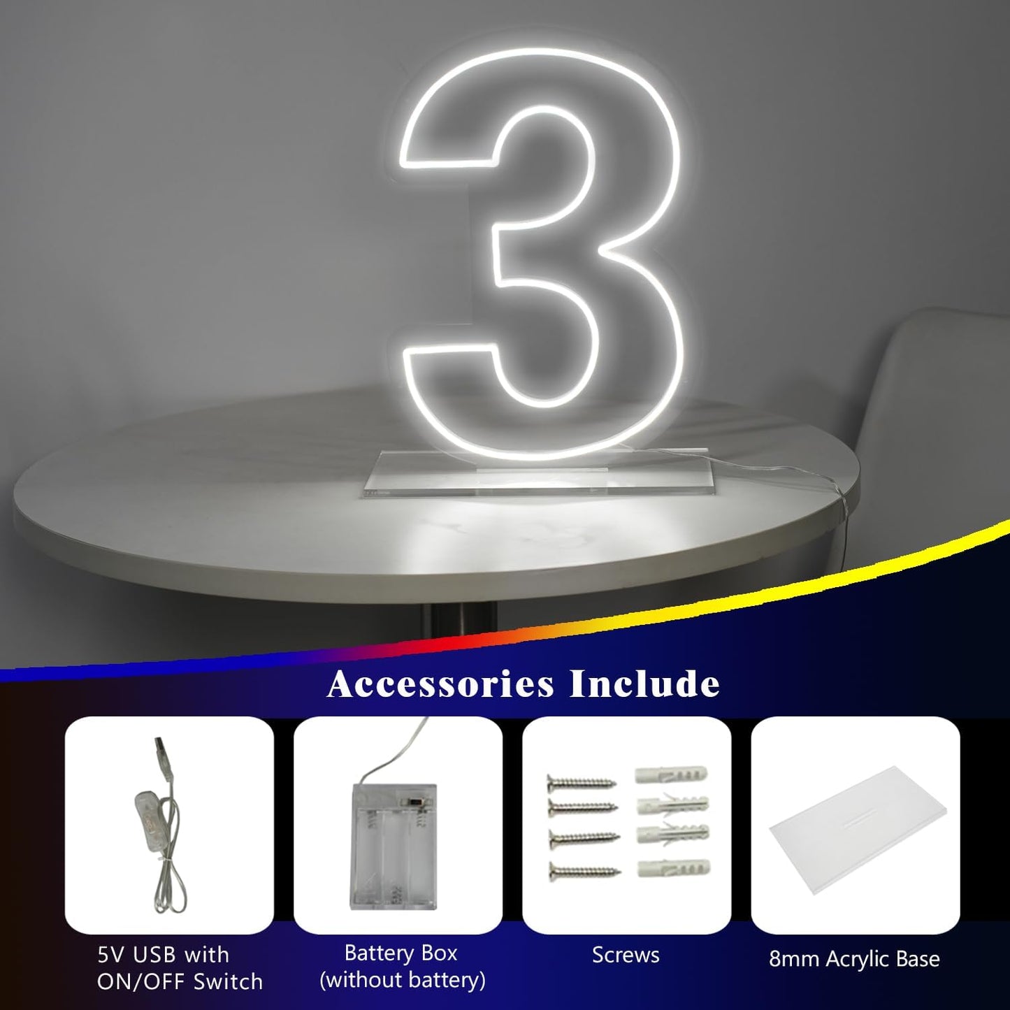 Number 3 Neon Sign for Birthday, 16.54" Cool White USB Battery Powered Led Neon Sign for Party Wedding Anniversary Decor Light Sign (Number 3)