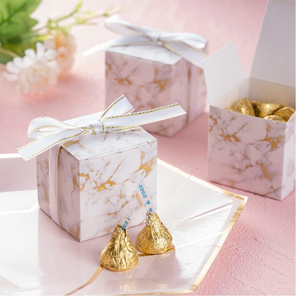 AWELL Small Marble White Gift Candy Box Bulk 2x2x2 inches with Ribbon Party Favor Box,Gold and White Marble,Pack of 50