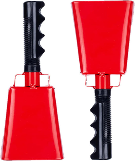 Steel Cowbell with Handle 8 Inch Cow Bells Noise Makers, 2 Pack Large Cowbells for Sporting Events, Hand Percussion Cowbells Cheering Bell for Football Game Party Concert Graduation School (Red)