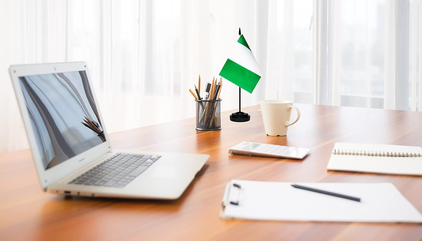 Nigeria Nigerian Deluxe Desk Flag Set Small Mini Miniature Nigeria Nigerian Table Desktop Flags With Solid Pole, Black Base and Spear Top(2 Pack)