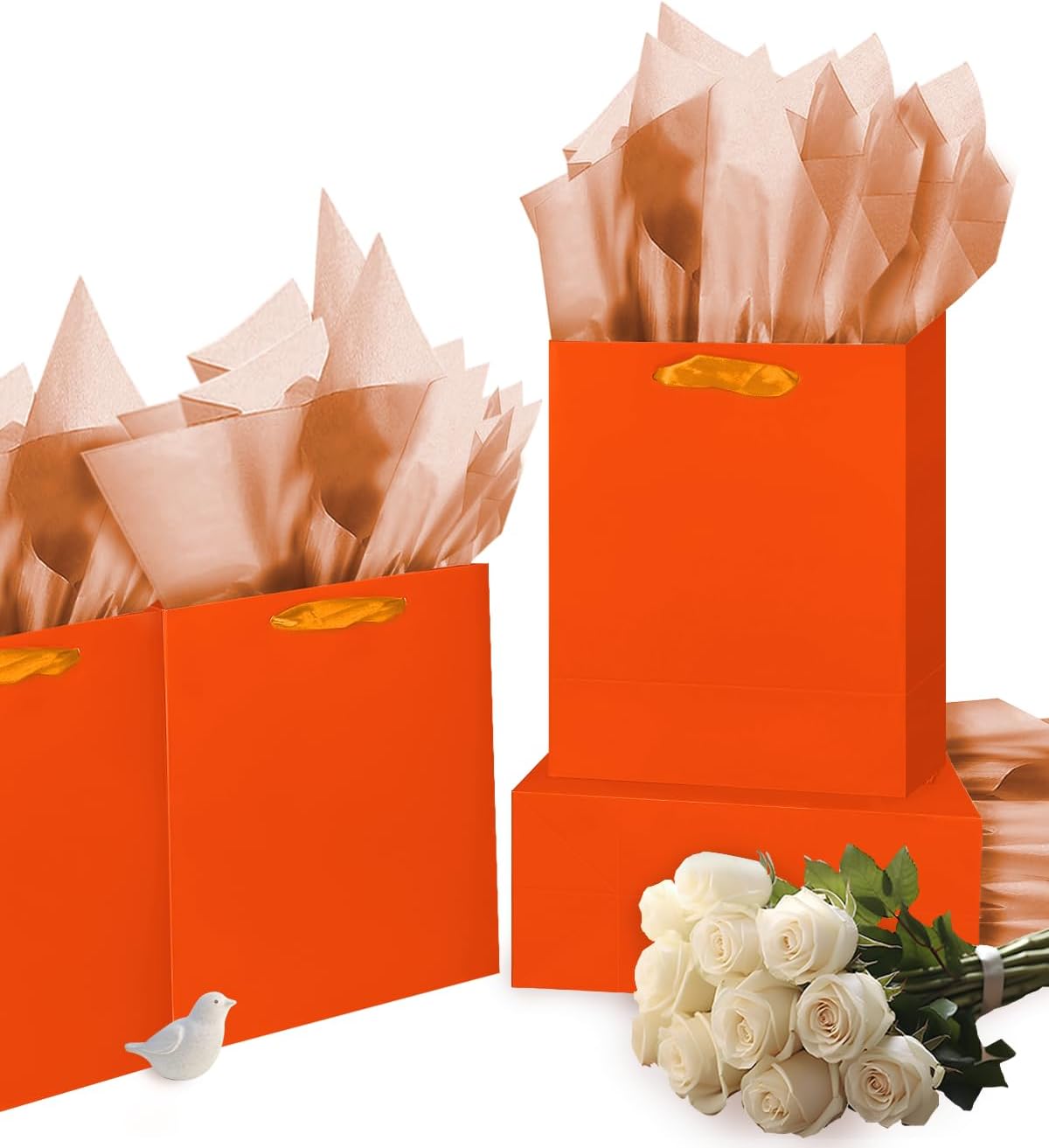 Gcardist Dark Orange Gift Bags with Tissue Paper for Wedding, Birthday, Party Supplies-7.9"x4.3"x9.6" Medium Size Cardboard Gift Bags（5pcs Bags +10pcs Tissue Paper ）