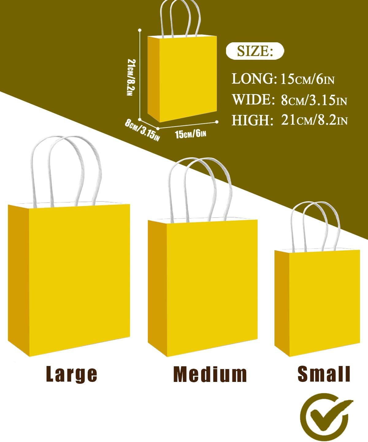 qiqee 50-Packs Gift Bag with Handles Bulk Bright Yellow Paper Bags Multiple Uses (8.3"x3"x6" Small Size)