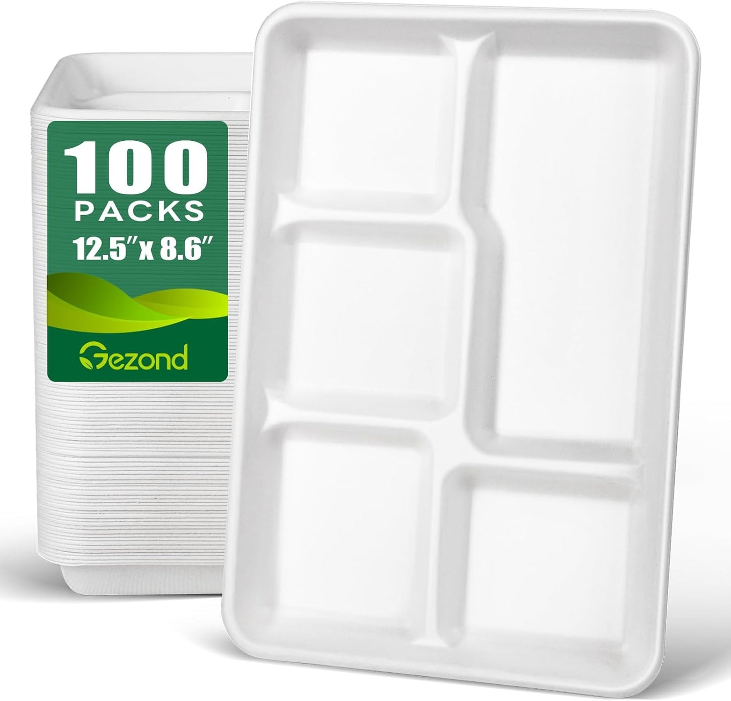 Gezond 100% Compostable 5 Compartment Plates 12.5 * 8.6 Inch, 100 Pack Disposable School Lunch Trays, Eco-Friendly Sugarcane Plates for Party Buffet Lunch Dinner