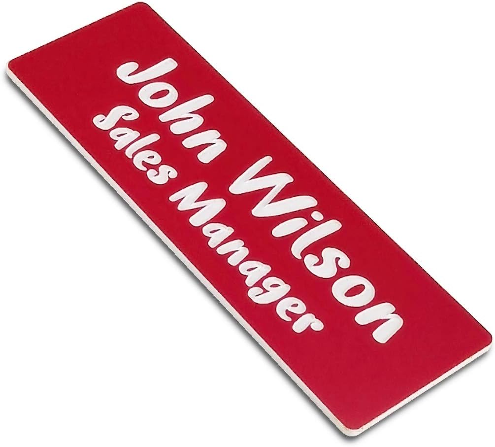 Custom Engraved Name Tag Badges for Business, Personalized Identification with Pin, Magnetic, Adhesive, or Blank Backing, 1"x3", Red/White Text