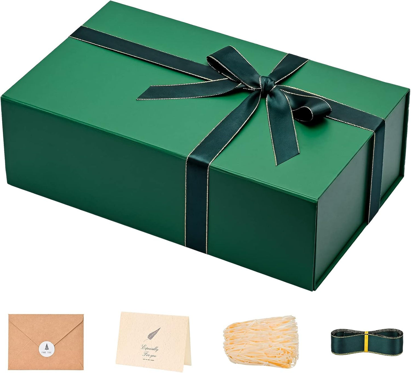 LIFELUM Green Gift Box for Presents 1 Pack 13.85 x 8.35 x 4.45 inch Big Decorative Gift Box for Clothes with Magnetic Lids Luxury Accessories Card, Ribbon, Filler,Sticker Christmas