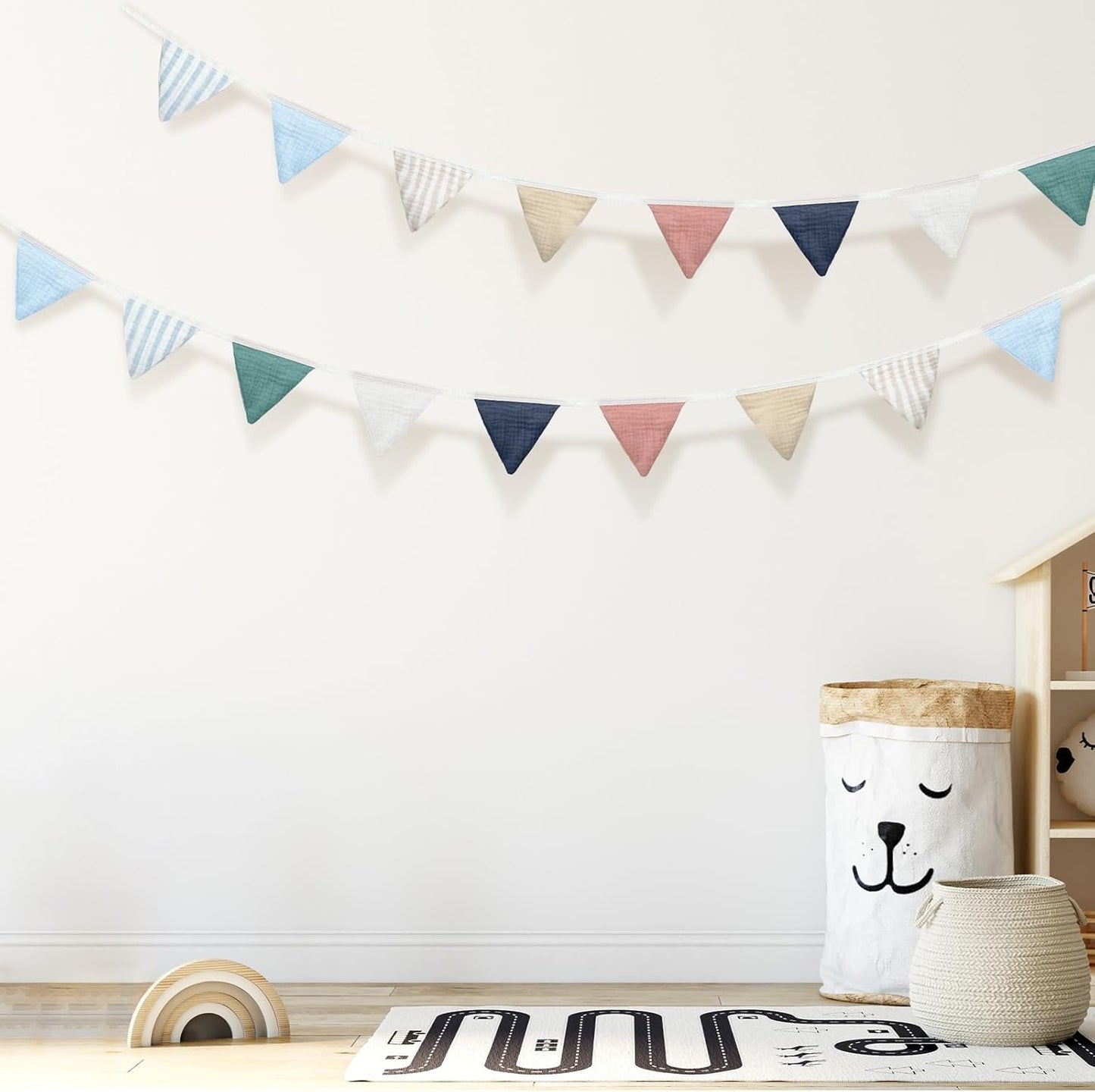 Oudain 15.5 ft Pennant Banner Flags, 2 Pcs Nursery Garland Triangle Bunting Flag Baby Banner for Nursery Decor Baby Birthday Boho Wedding Shower Party Event, Each 7.75 ft(Elegant Color)