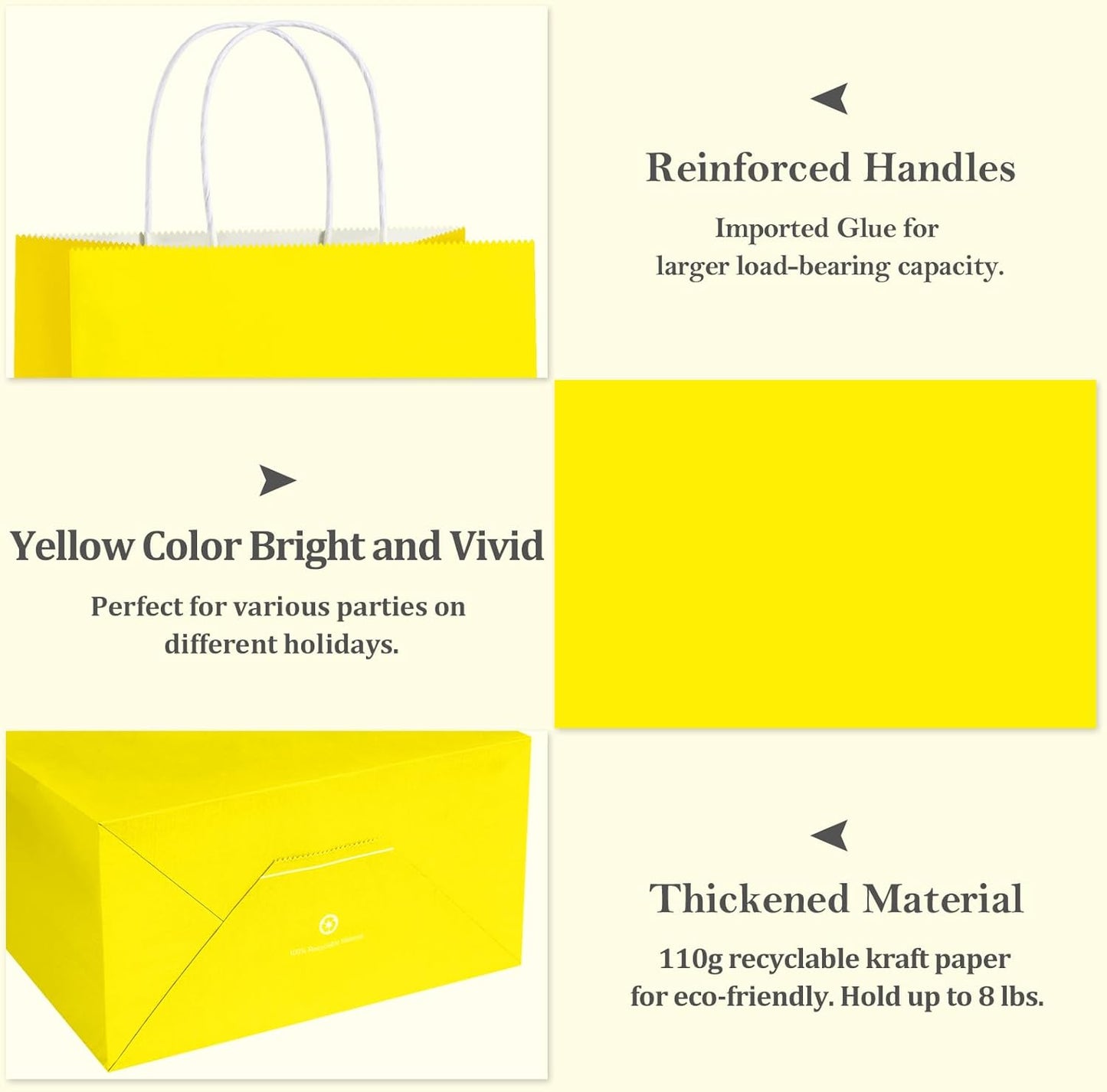 BagDream 8x4.25x10.5 Inch 100Pcs Yellow Gift Bags Medium, Kraft Paper Bags with Handles Bulk for Welcome Party Favors, Baby Shower, Goody, Treat, Retail, Grocery Paper Sacks