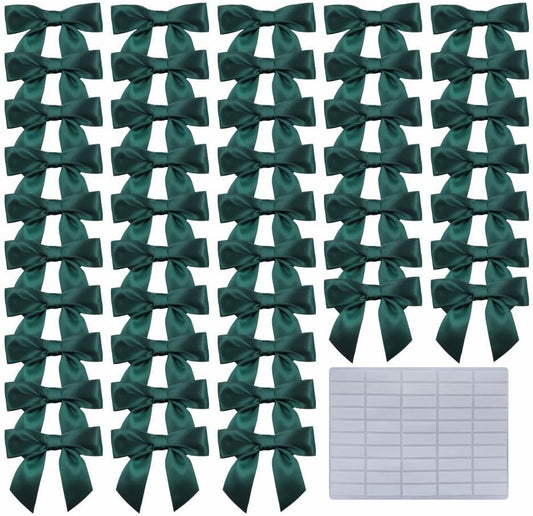 2.5" Hgzgch Dark Green Ribbon Bow for Gift Wrapping, Premade Bows for Crafts, Cake, Party Favors, Handmade Bows with Double-Sided Tape, Self Adhesive Bows for Presents, Treats, Christmas - 50pcs