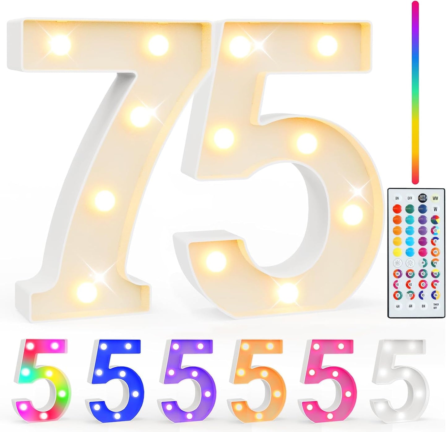 Pooqla 75th Birthday Decorations for Her Him, 35 Colors LED Light Up Numbers with Remote, Multicolor Marquee Numbers 75 Sign for Party Backdrop 75th Birthday Gift, Lighted Number 75