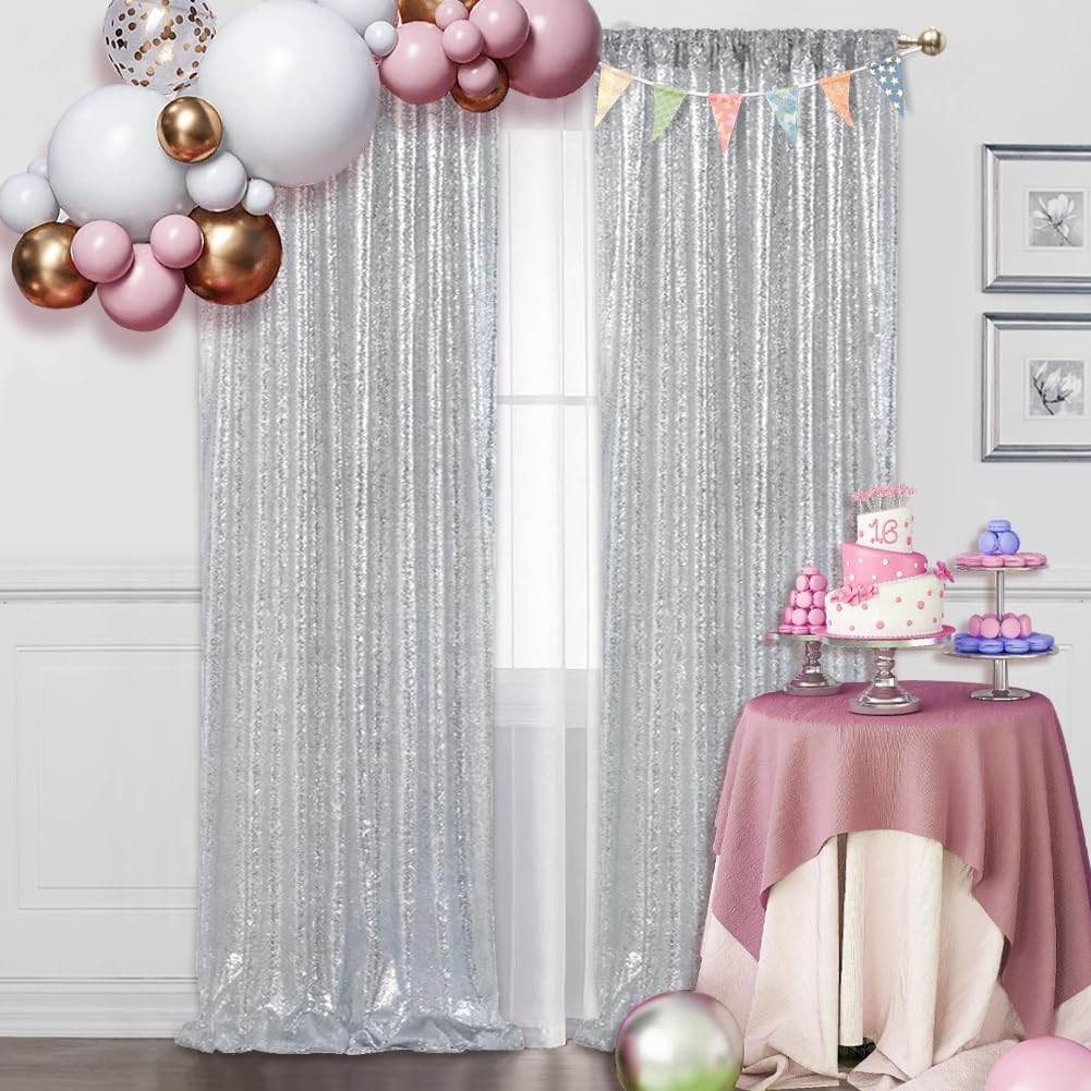 SquarePie Sequin Backdrop Non-Transparent Background Sparkly Curtain for Wedding Party 2FT x 8FT Silver 2pcs