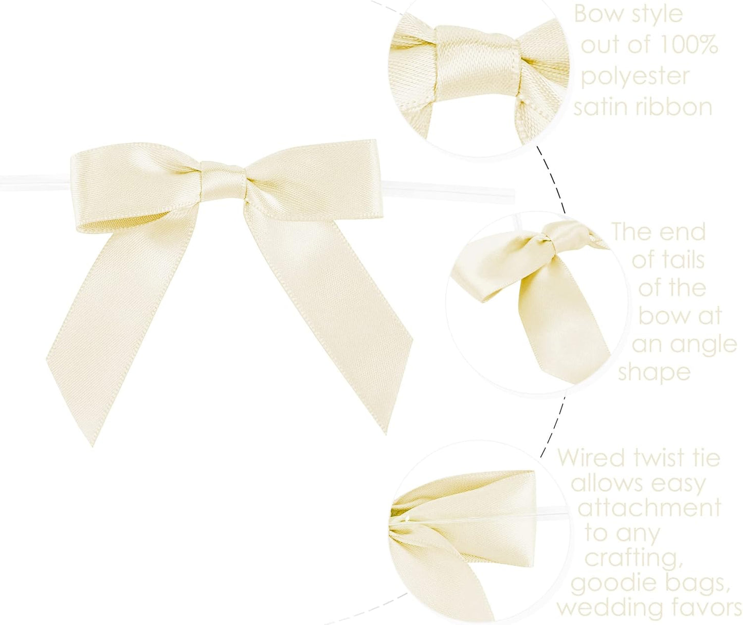 AIMUDI Ivory Bows 2.5" Pretied Satin Ribbon Bows Premade Twist Tie Bow for Treat Bags Cake Pop Bow for Wedding Favors Mini Bows for Gift Wrapping Baby Shower Decorations - 50 Counts