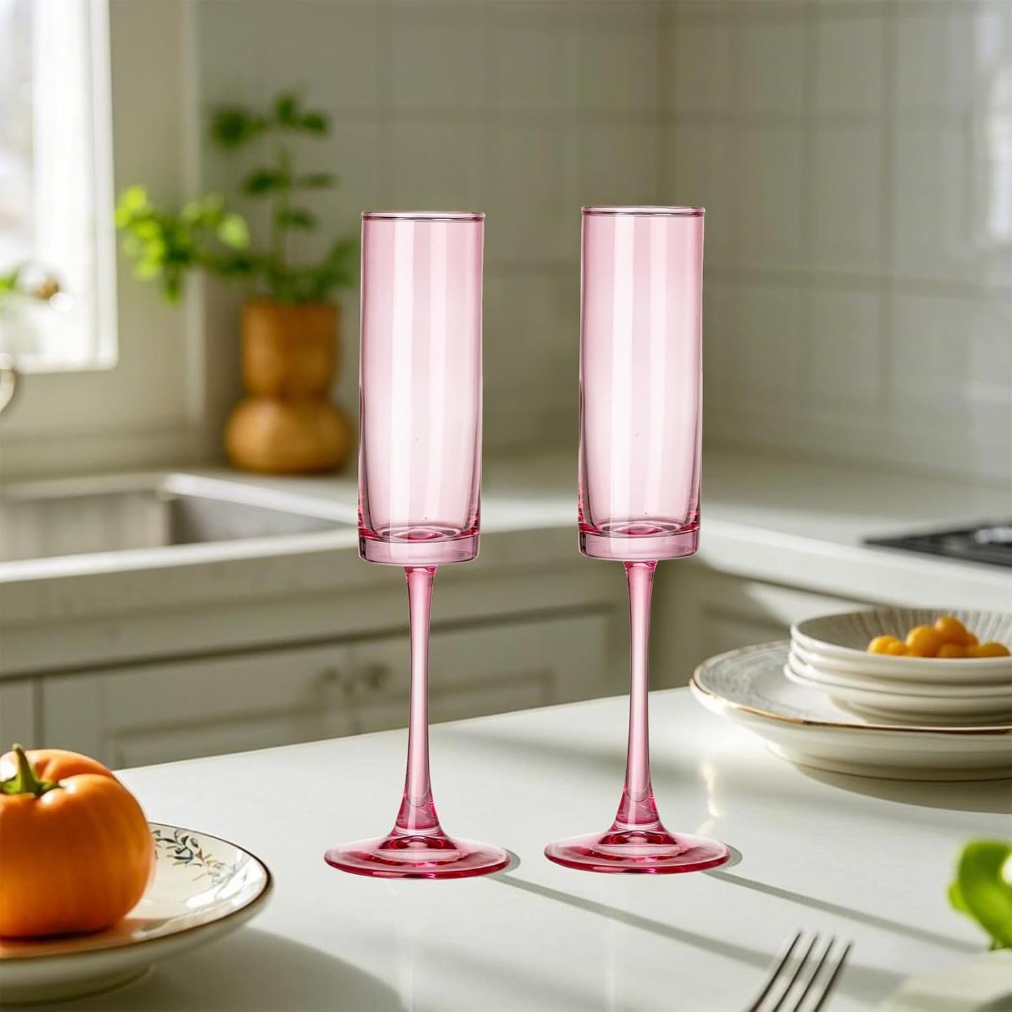 24 Pieces Pink Champagne Flutes 6 OZ Straight Sided Wine Glasses Champagne Long Stem Drinking Colored Glasses,Set of 24 Hand Blown Champagne Flutes Goblets for Wedding Cocktail Cups,Cava, Prosecco