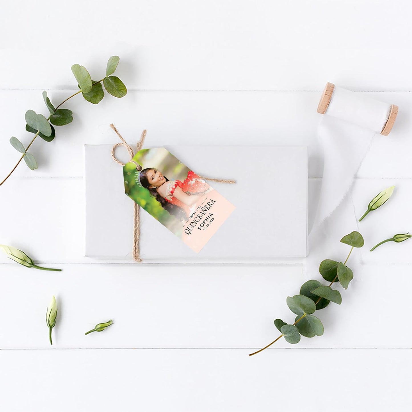 Andaz Press 40-Pack Personalized Quinceañera Favor Tags with String, Classic Thank You Gift Tags with Custom Photo for Quince Años, XV, 15th Birthday, Favor Gifts, Quinceanera Decorations