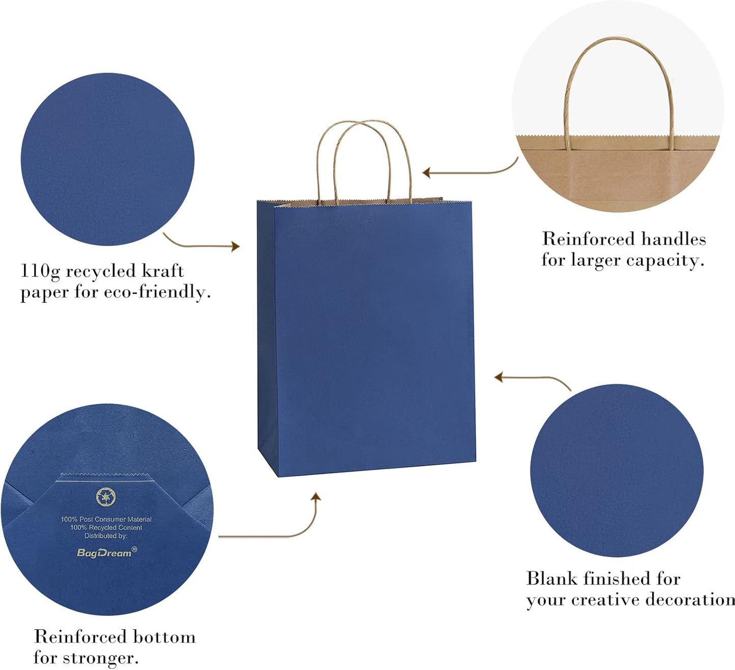 BagDream 50Pcs Gift Bags 8x4.25x10.5 Kraft Paper Gift Bags with Handles Bulk for Shopping, Wedding, Party Favor, Merchandise, Retail, Navy Blue Paper Grocery Sacks