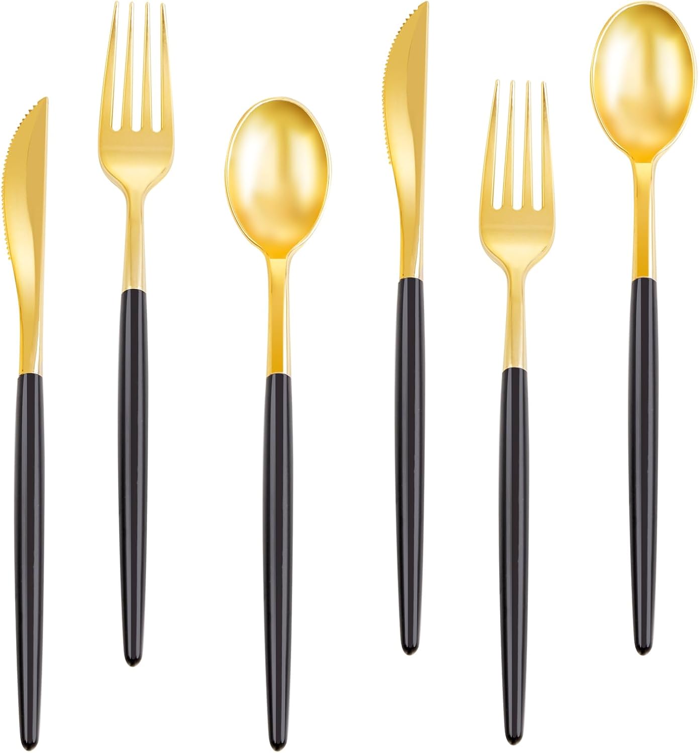 Rubtlamp 96 Pcs Gold Disposable Silverware, Plastic Cutlery, Gold Utensils Plastic with Black Handle Include 32Forks, 32Spoons, 32Knives for Party