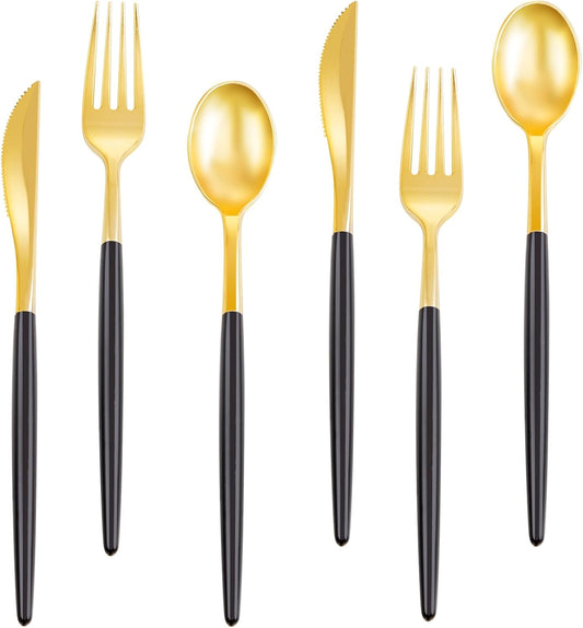 Rubtlamp 96 Pcs Gold Disposable Silverware, Plastic Cutlery, Gold Utensils Plastic with Black Handle Include 32Forks, 32Spoons, 32Knives for Party