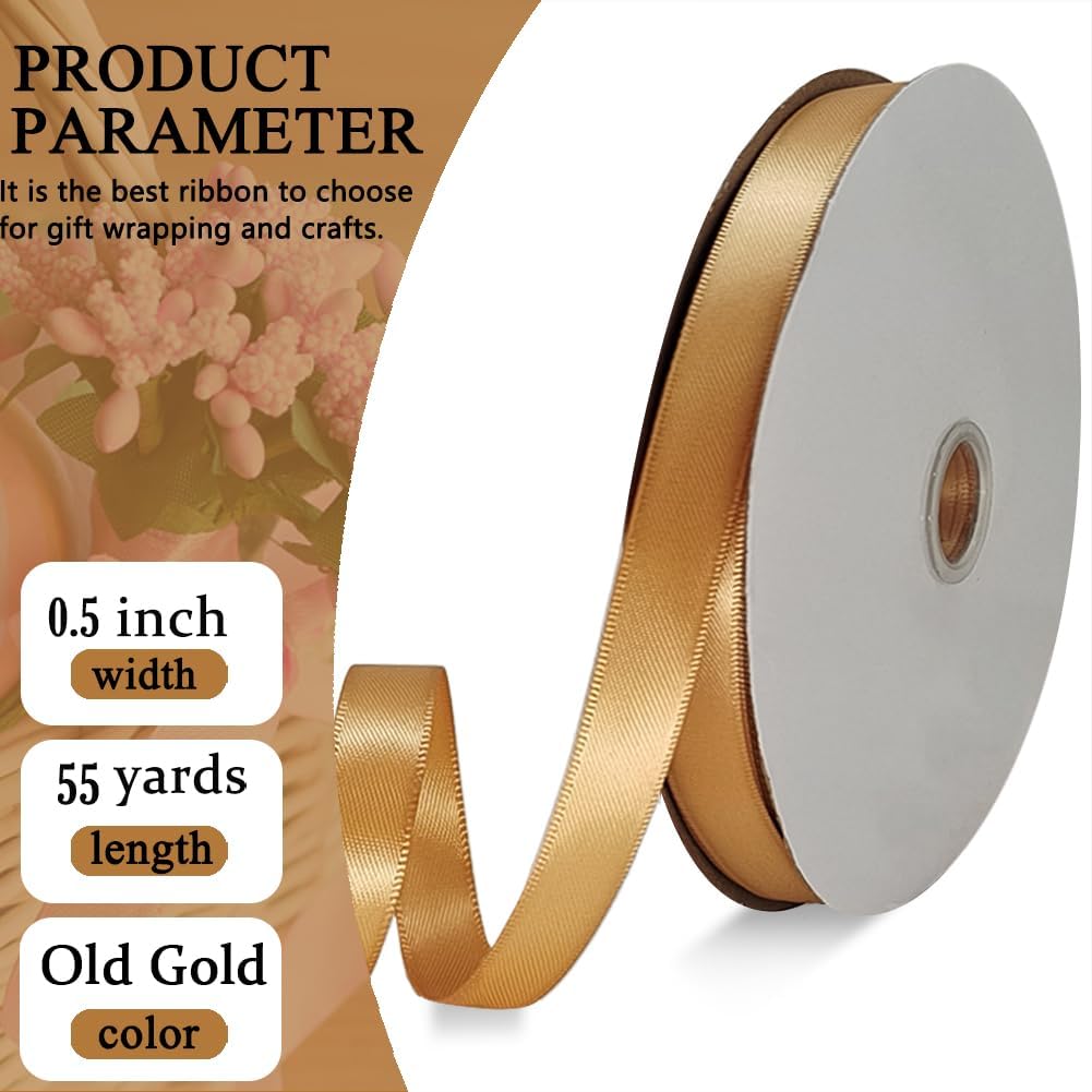 Old Gold Satin Ribbon Double Faced Satin 1/2 inch x 55 Yards Polyester Ribbon for Gift Wrapping Crafts Wedding Decoration Bows Ornaments Party Bouquet Floral Arrangement