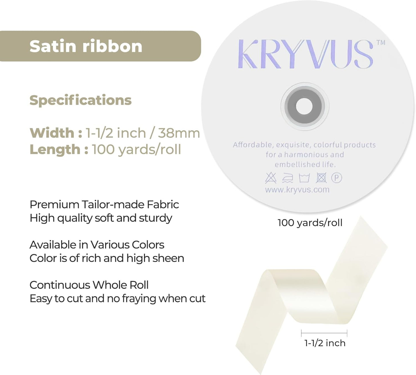 Beige Satin Ribbon 1-1/2 inch X Continuous 100 Yards, Single Face Polyester Ribbon Perfect for Gift Wrapping, Flower Bouquet, Wedding Decor, Crafts, Bow Making, Sewing and More