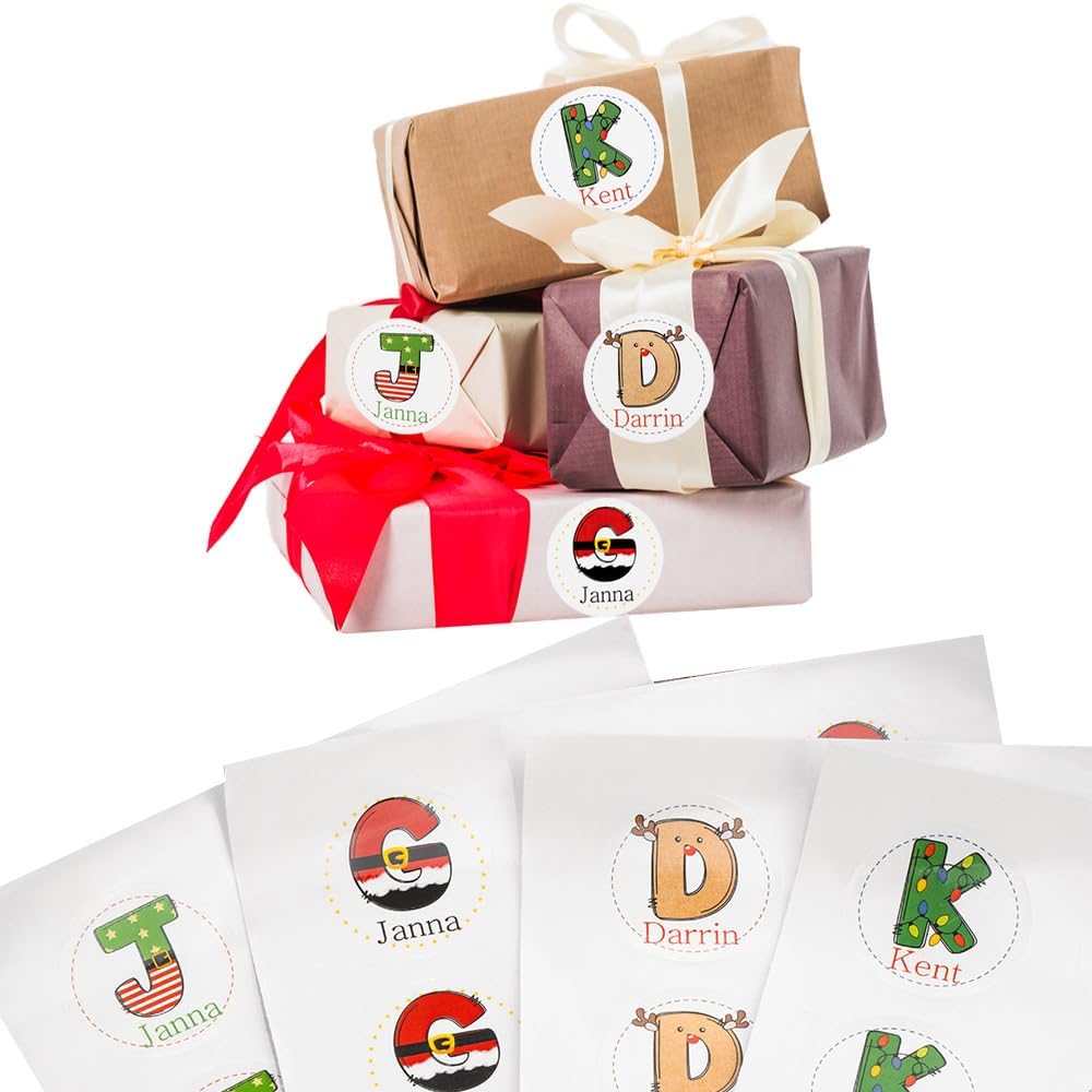 Personalized Christmas Name Stickers Xmas Decorations Initial Gift Stickers | 4 Initial Design | Custom Waterproof Cute Labels for Gift Box, Party Decorations, Envelopes | 30 Pcs ﻿