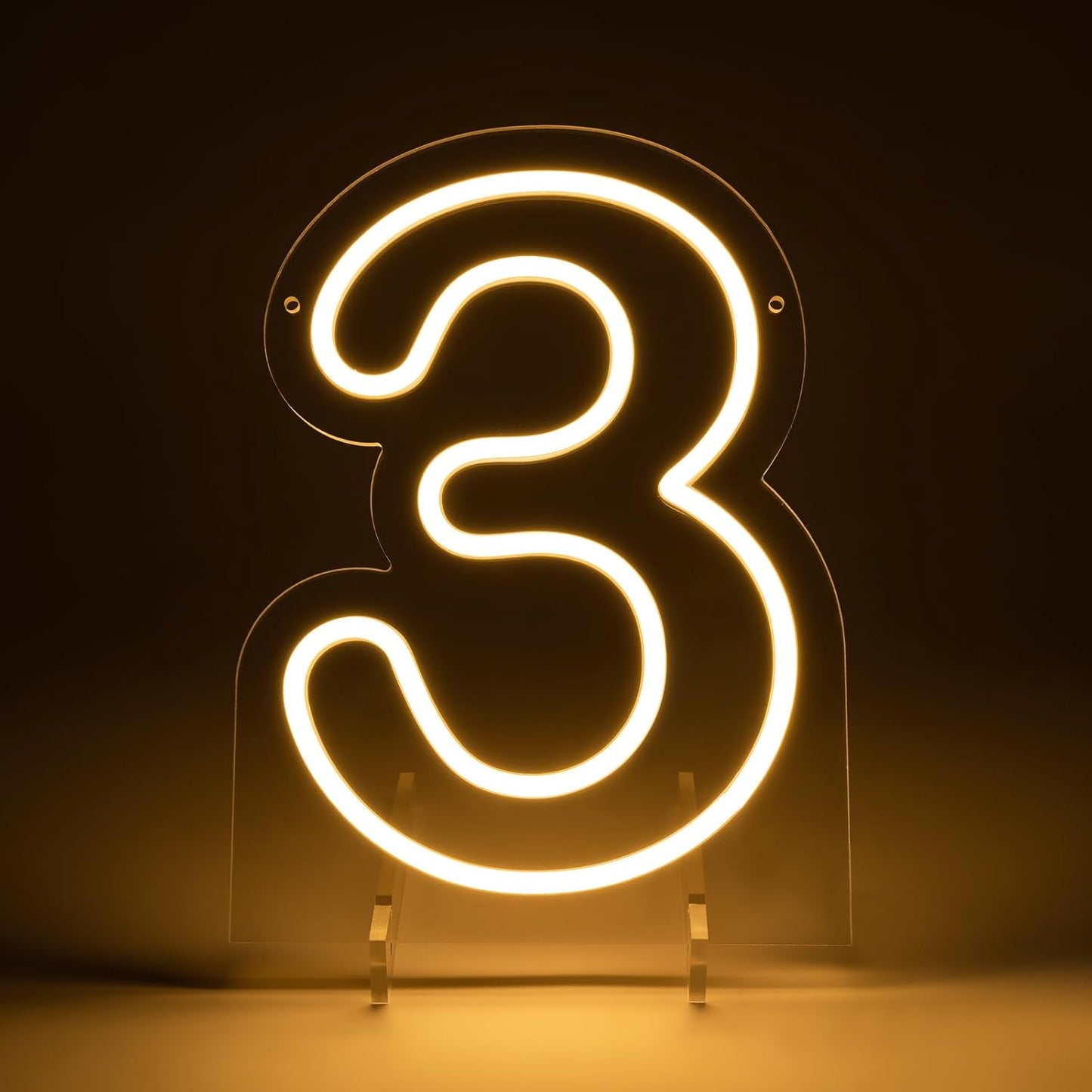 Number 3 LED Neon Sign Backdrop Birthday Party Decoration, 11.3" Height Warm White Marquee Numbers Three Light Up Sign for Wedding Anniversary Window Wall Table, Indoor Battery Operated or USB