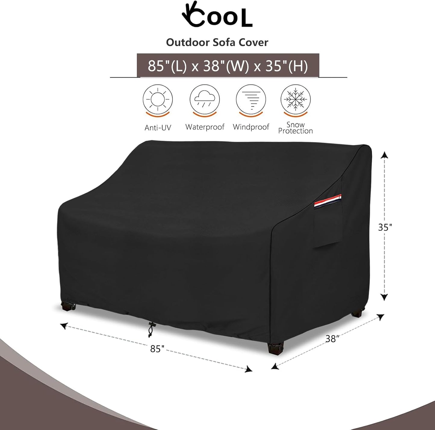 okcool Heavy Duty Patio Sofa Cover, 100% Waterproof 3-Seater Outdoor Sofa Cover Fits up to 85W x 38D x 35H Inches, Lawn Patio Furniture Covers,Black