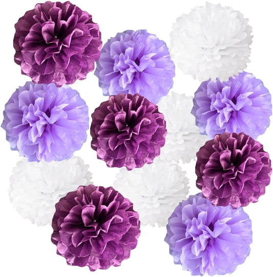 12pcs 10in 12in White Purple Paper Pom Poms Tissue Paper Flower Hanging Paper Flower Balls Wedding Party Flower Decorations DIY Art Craft Blooms for Birthday Baby shower nursery decor