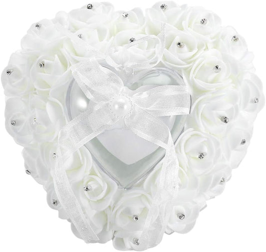 Hilitand Wedding Ring Cushion Pillow Romantic Heart Shaped Wedding Ring Box Rose Rhinestone Decorative Jewellery Boxes(White)