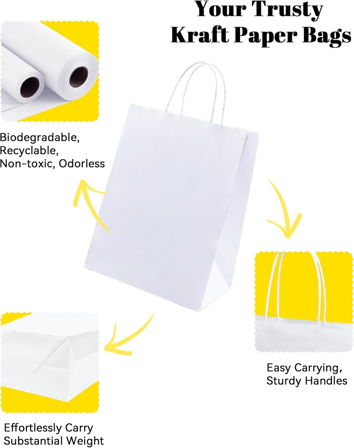 BAG BOX 100 Pack 5.9x3.1x8.25 Inch White Gift Bags with Handles,Bulk Kraft Paper Bags for Shopping, Retail, Merchandise, Wedding, Party Favors, Paper Grocery Sacks