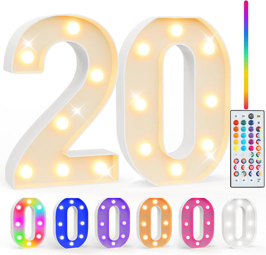 Pooqla 20th Birthday Decorations for Her Him, 35 Colors LED Light Up Numbers with Remote, Multicolor Marquee Numbers 20 Sign for Party Wedding Anniversary Decor 20th Birthday Gift, Number 20