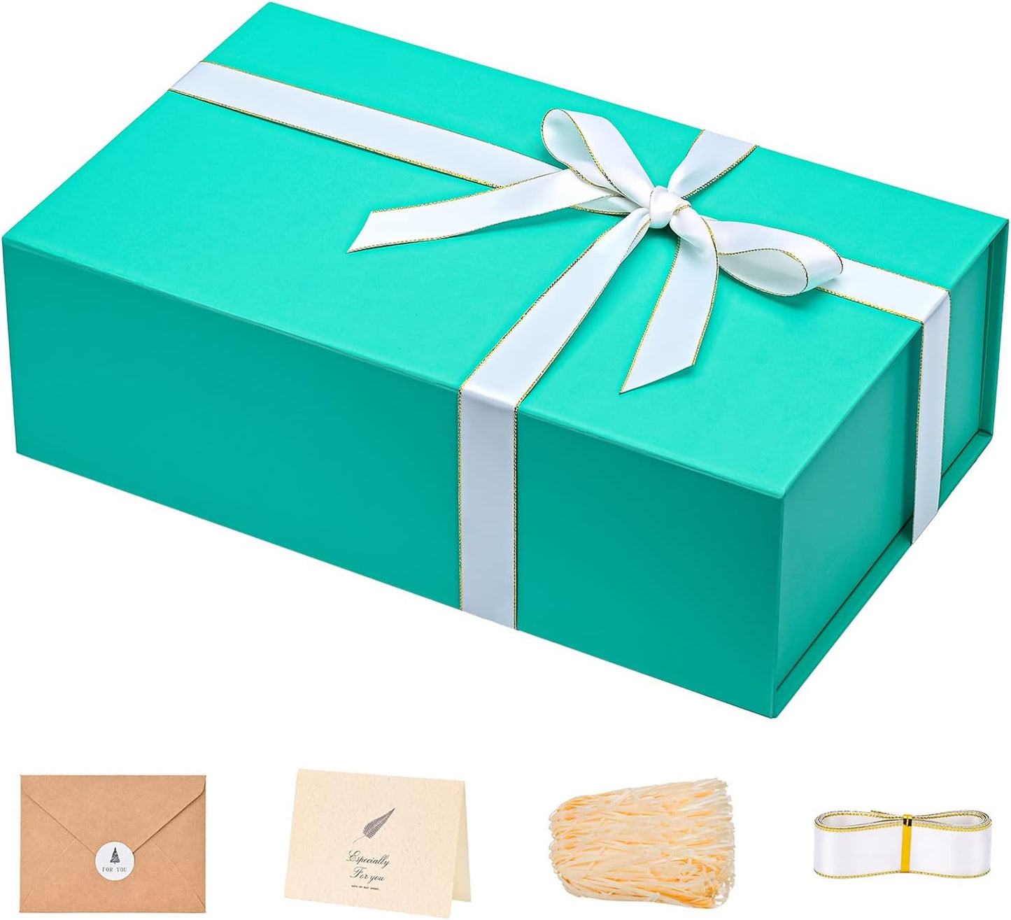 LIFELUM Green Blue Gift Box 13.85 x 8.35 x 4.45 inch, 1 Pack Big Gift Box with Magnetic Lid for Presents, Bridesmaid Proposal Boxes Contains Ribbon, Card,Shredded Paper Filler