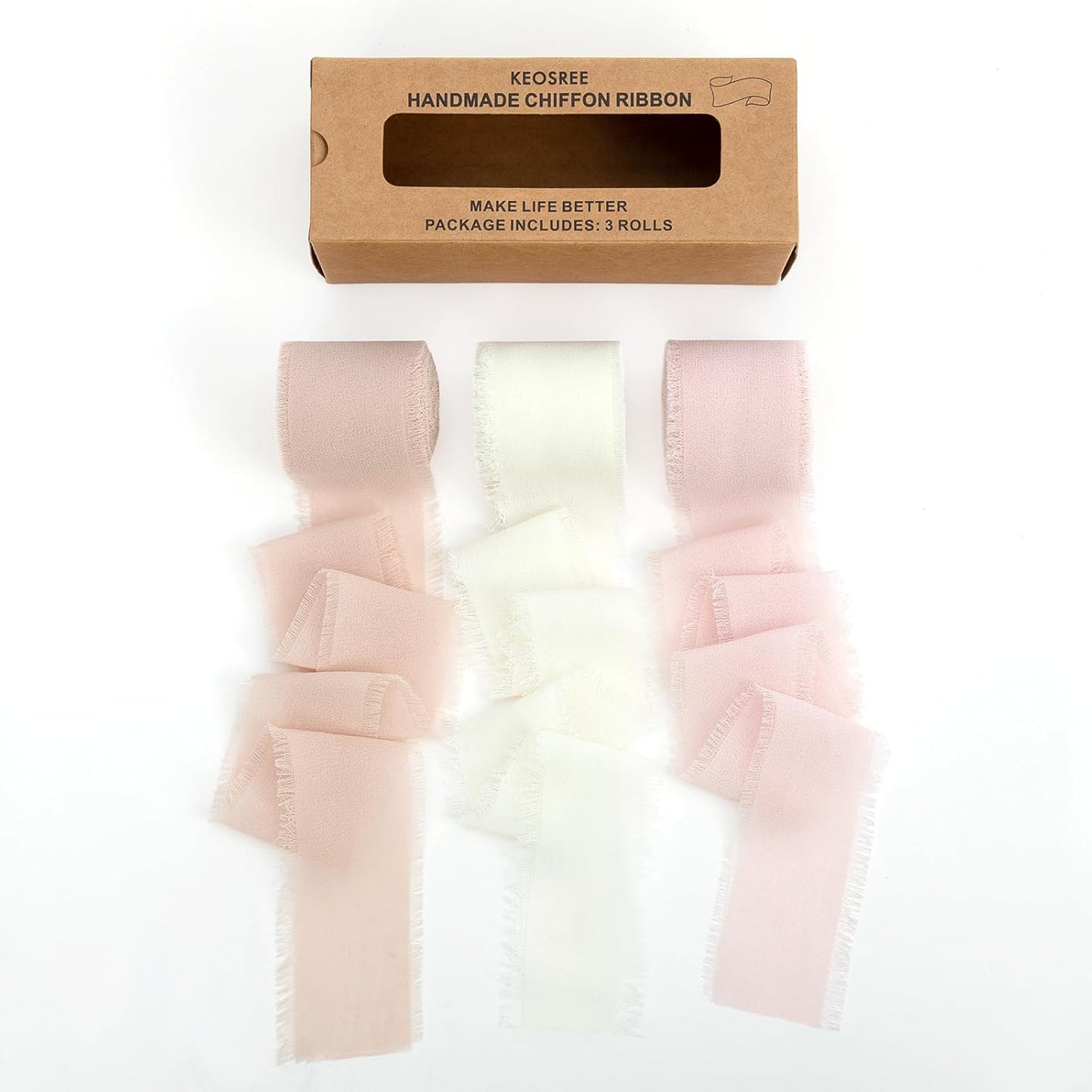 3 Rolls Nude & Cream White Handmade Chiffon Ribbon,1.5" x 21Yd Frayed Fringe Silk Ribbons (3 Rolls *7Yd) for Gifts Wrapping, Wedding Invitations, Bridal Bouquets, Decorations