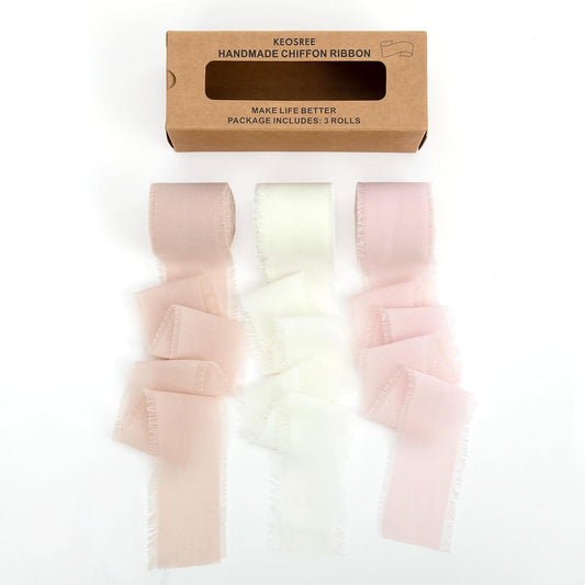 3 Rolls Nude & Cream White Handmade Chiffon Ribbon,1.5" x 21Yd Frayed Fringe Silk Ribbons (3 Rolls *7Yd) for Gifts Wrapping, Wedding Invitations, Bridal Bouquets, Decorations
