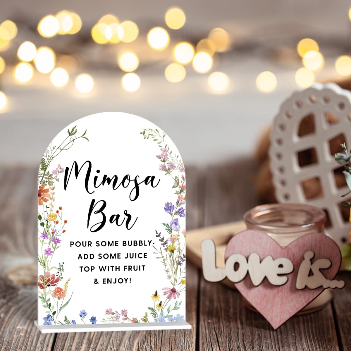 Acrylic Wedding Signs, Mimosa Bar Signs for Marriage Reception, Bridal Shower Decorations, Modern Arched Round Top Acrylic Table Top Sign with Holder for Wedding Party Dinner (White Wildflowers)