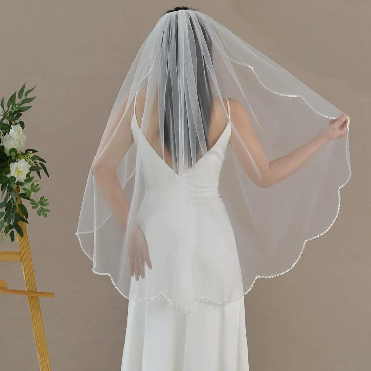 Bridal Veils Pearls and Crystals Beaded Edge Fingertip Length Wedding Veil for Women