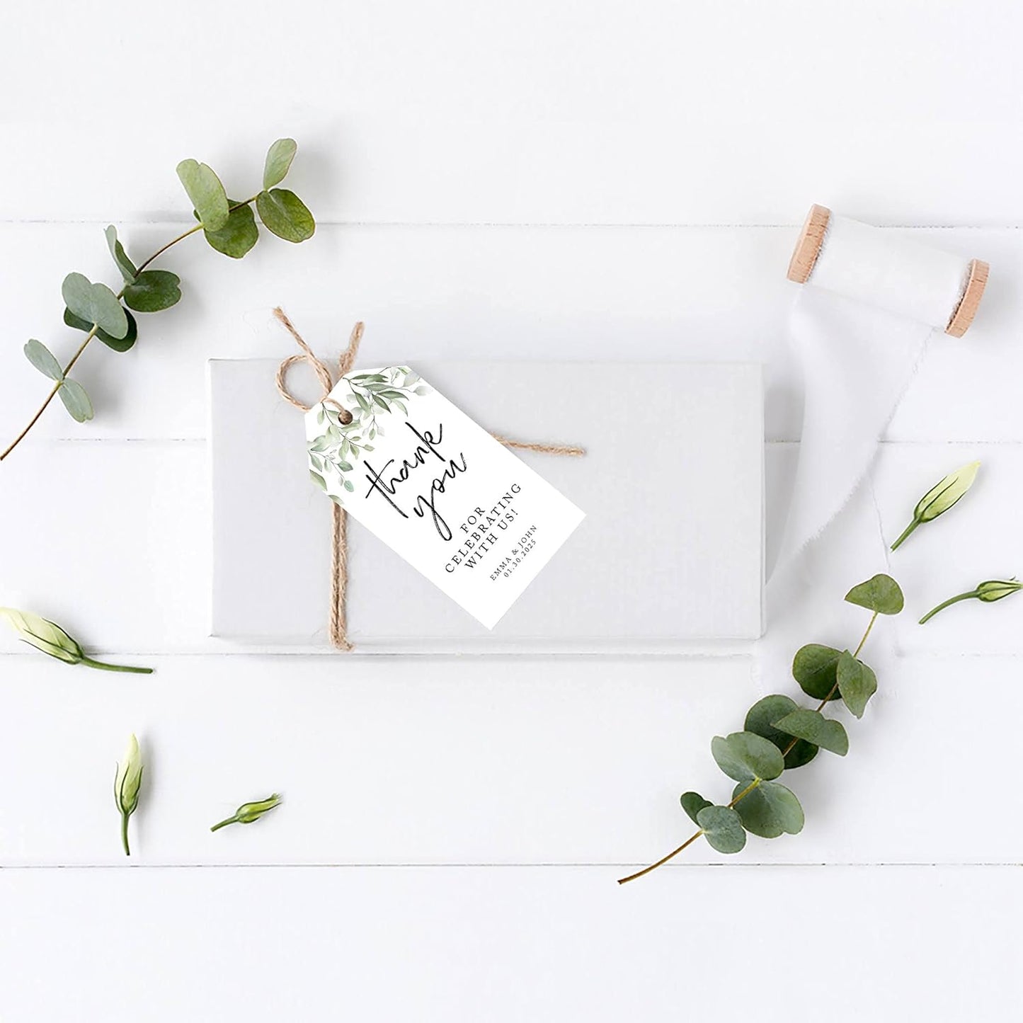 Andaz Press 100-Pack Personalized Thank You Wedding Favor Tags with Bakers Twine Greenery Leaves Custom Thank You Tags Wedding Gift Tags 2' X 3.75'
