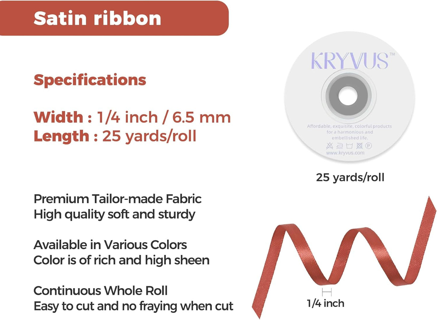 Copper Satin Ribbon 1/4 inch X Continuous 25 Yards, Single Face Polyester Ribbon Perfect for Gift Wrapping, Flower Bouquet, Wedding Decor, Crafts, Bow Making, Sewing and More