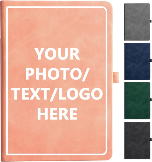 Personalized Notebook Custom Journal Notebook PU Leather A5 Can Customized with Logo/Text/Image- 192 Lined Pages 8.3 x 5.9 Inch, Pen Loop, Elastic Band, Pink Hardcover