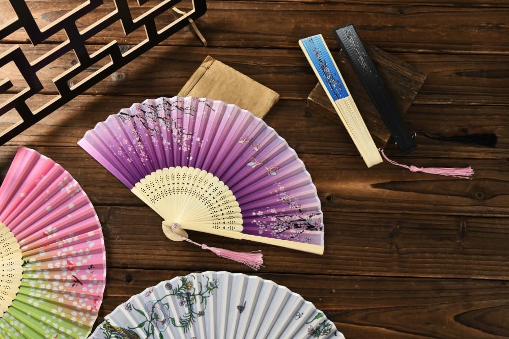 HUNANBANG 4 Pieces Oriental Bamboo Folding Hand Fans Church Wedding Gift, Party Favors, DIY Decoration Gift Size 8 1/4" Wholesale 10pack (Bamboo Assorted 4pack)